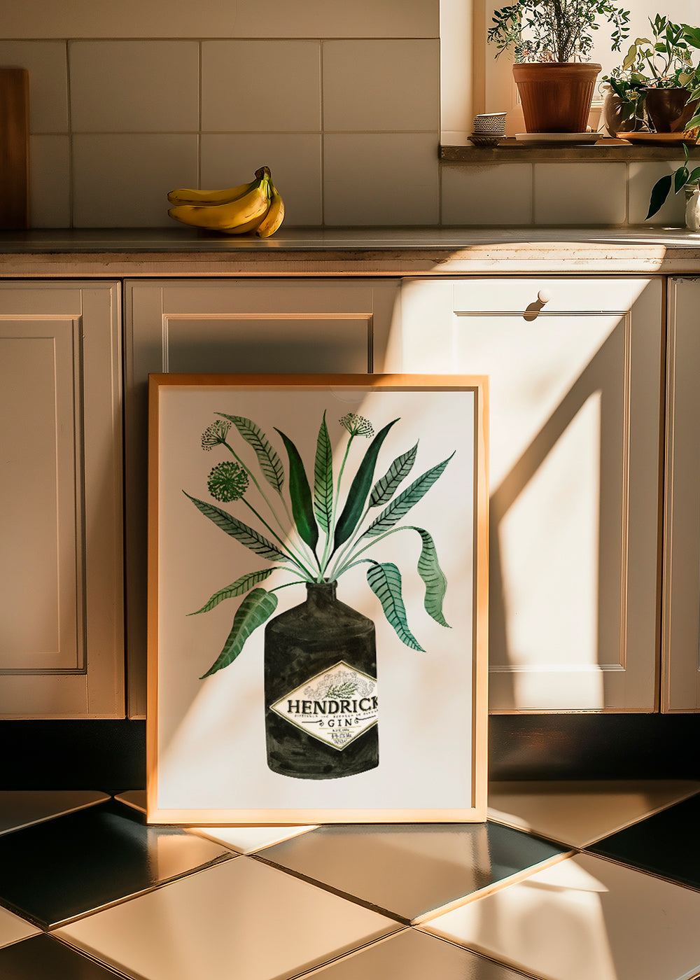 Kökskonst Hendrick's-flaska med bladverk