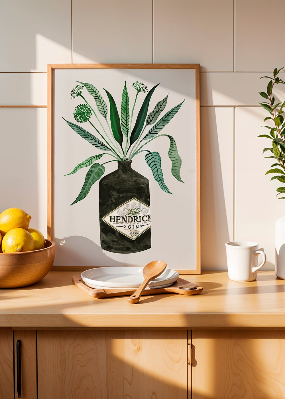 Kökskonst Hendrick's-flaska med bladverk