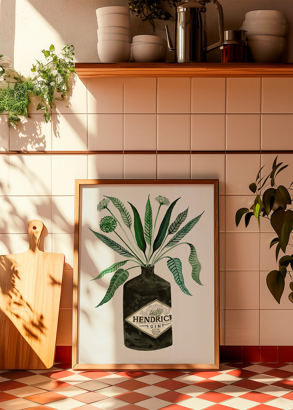 Kökskonst Hendrick's-flaska med bladverk