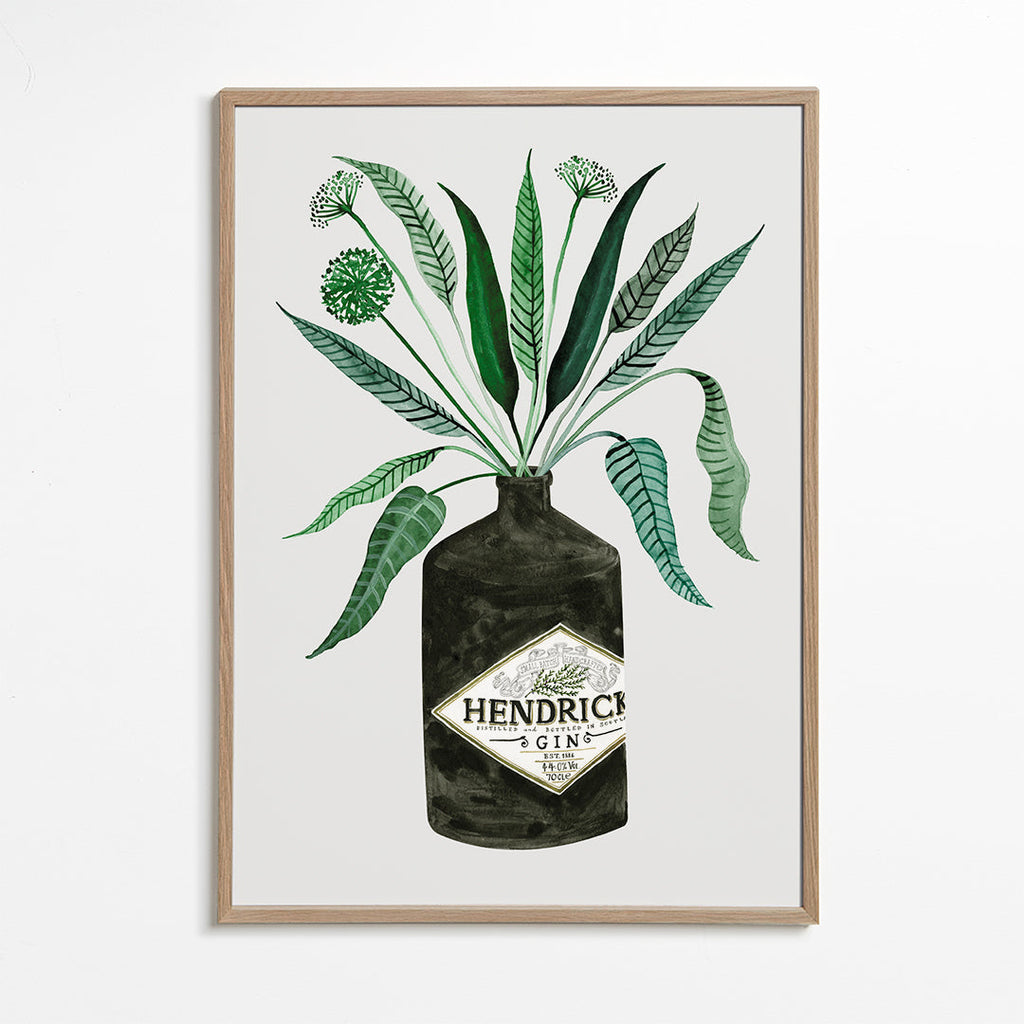 Kökskonst Hendrick's-flaska med bladverk