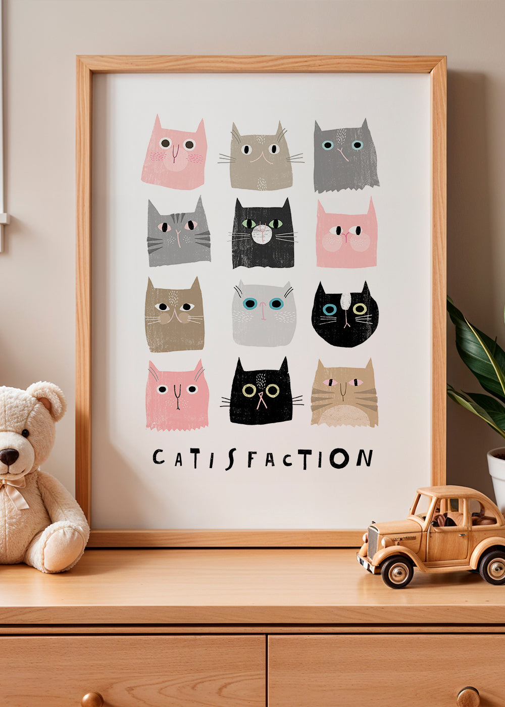 Lekfull kattillustration i rutnät