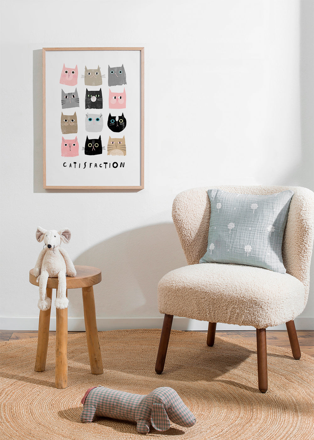 Lekfull kattillustration i rutnät