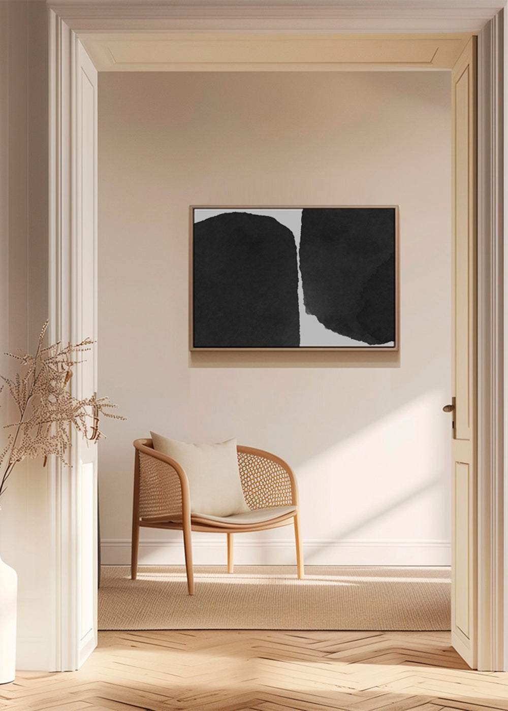 Svartvit minimal konst med bläckfläckar