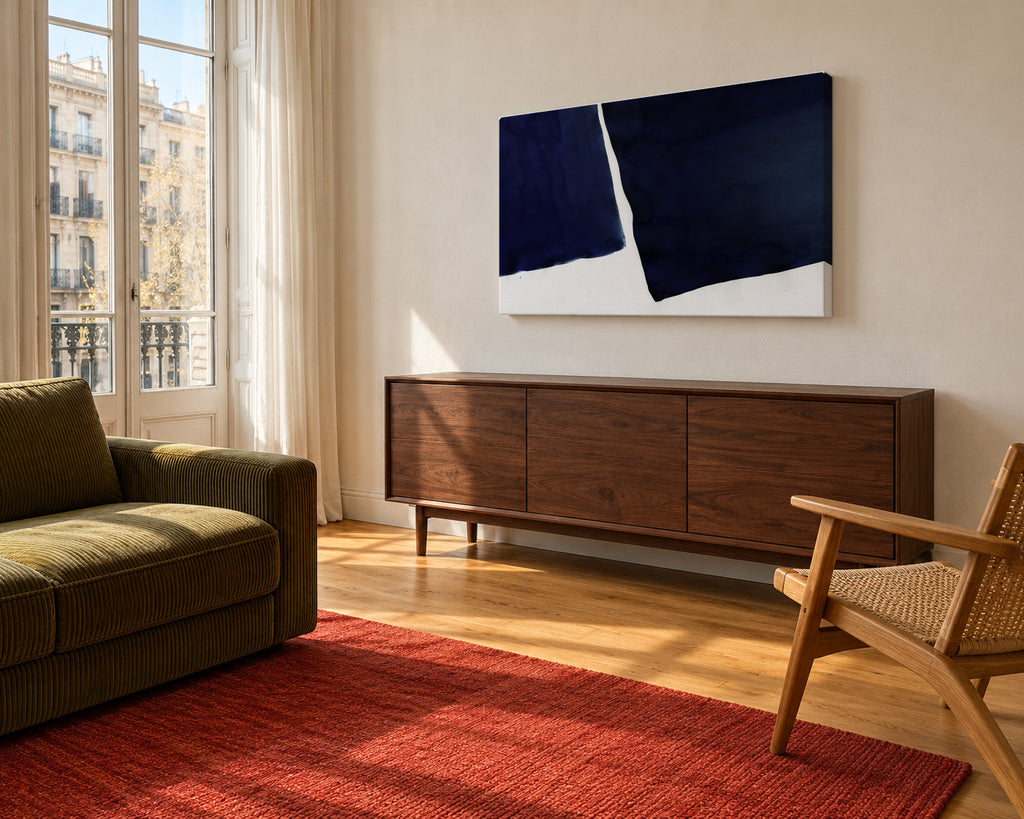 Minimal navy blue abstract 01 - Unframed canvas in an interior