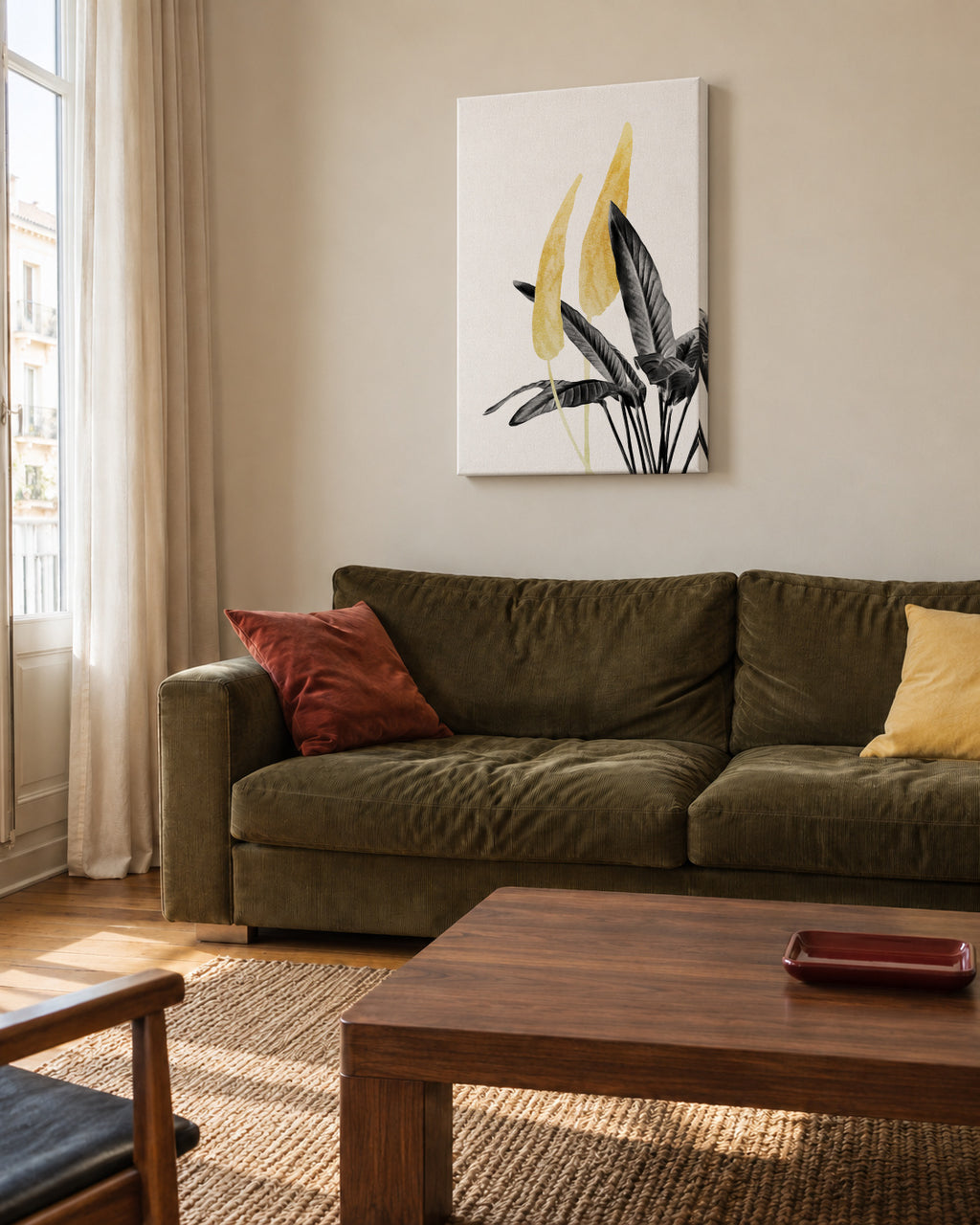 Bird of Paradise Plant Black, White and Gold 01 - Unframed canvas in an interior