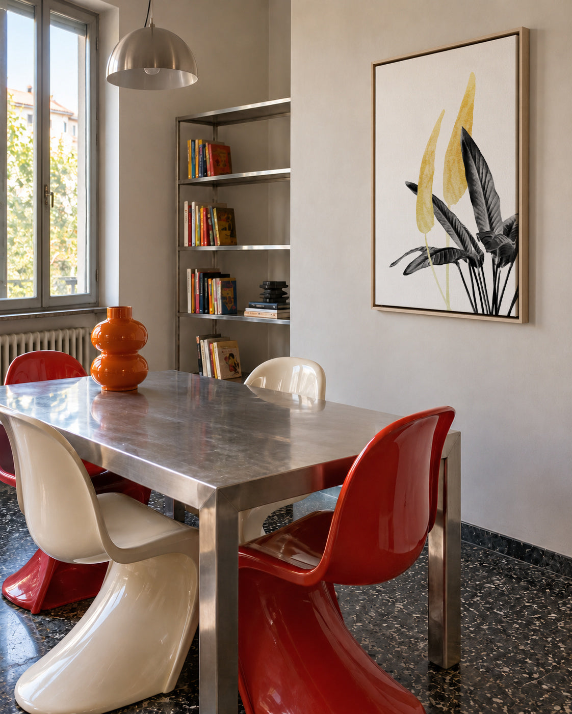 Bird of Paradise Plant Black, White and Gold 01 - Framed canvas in an interior