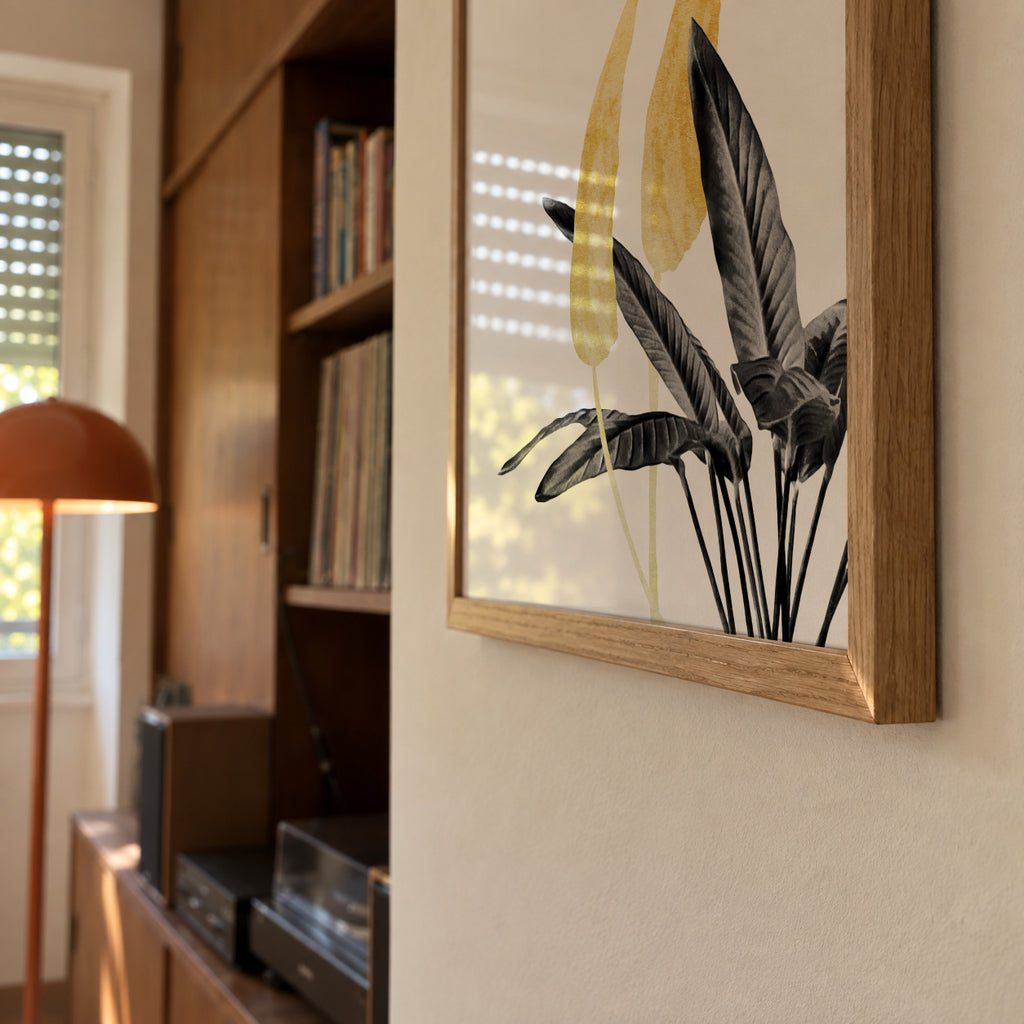 Bird of Paradise Plant Black, White and Gold 01 - Framed poster detail