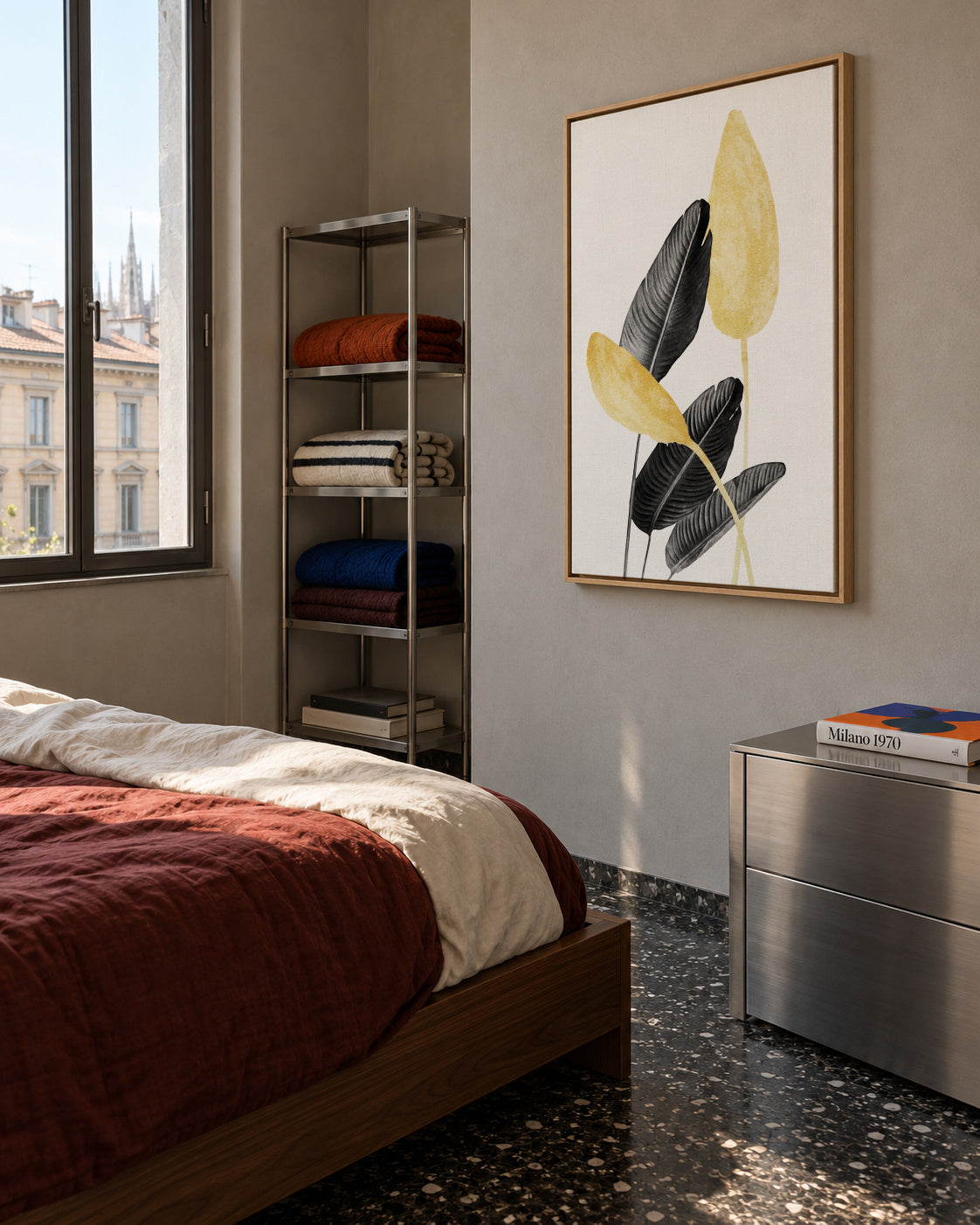 Bird of Paradise Plant Black, White and Gold 02 - Framed canvas in an interior
