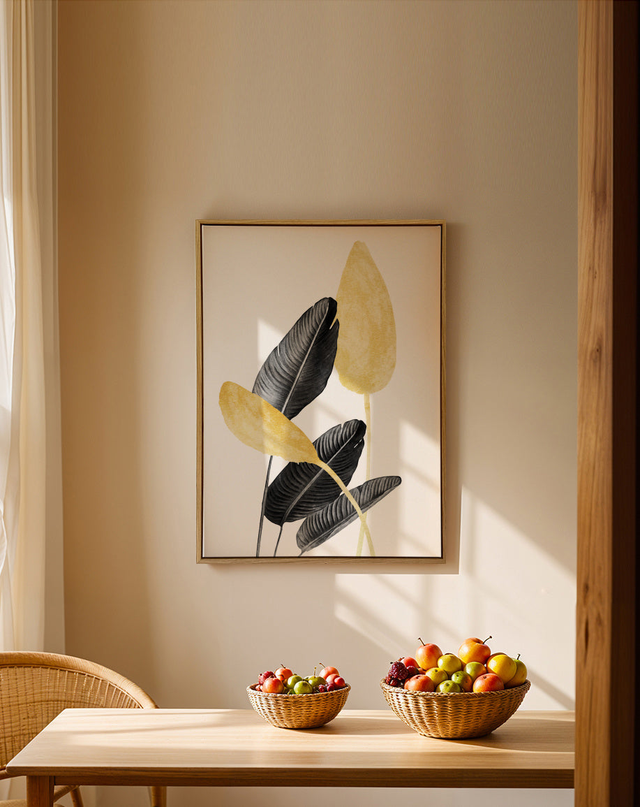 Bird of Paradise Plant Black, White and Gold 02 - Framed canvas in an interior
