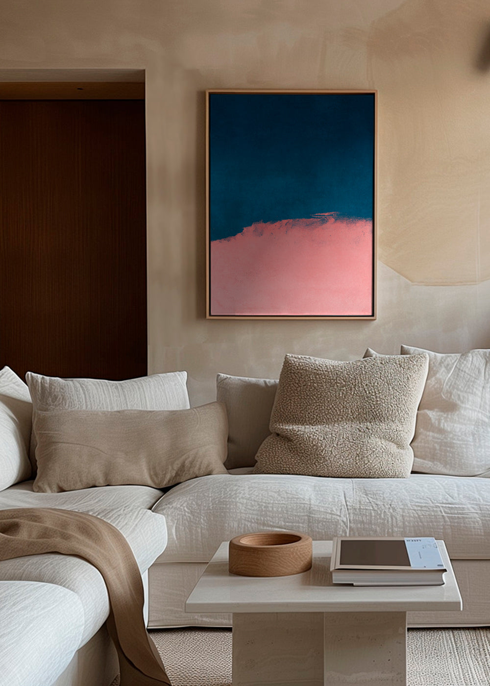 Minimalistiskt landskap i rosa och blått