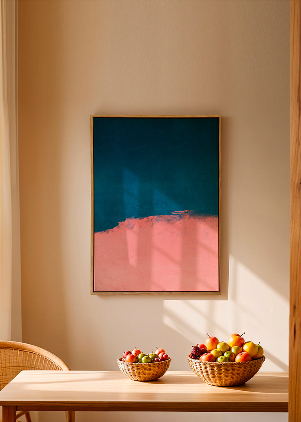 Minimalistiskt landskap i rosa och blått