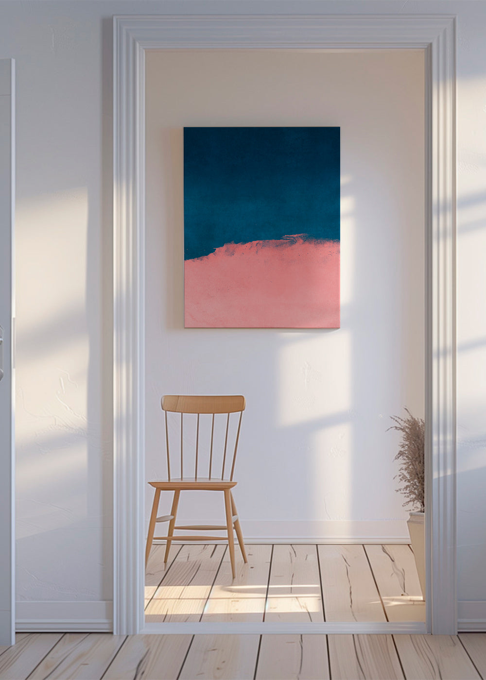 Minimalistiskt landskap i rosa och blått