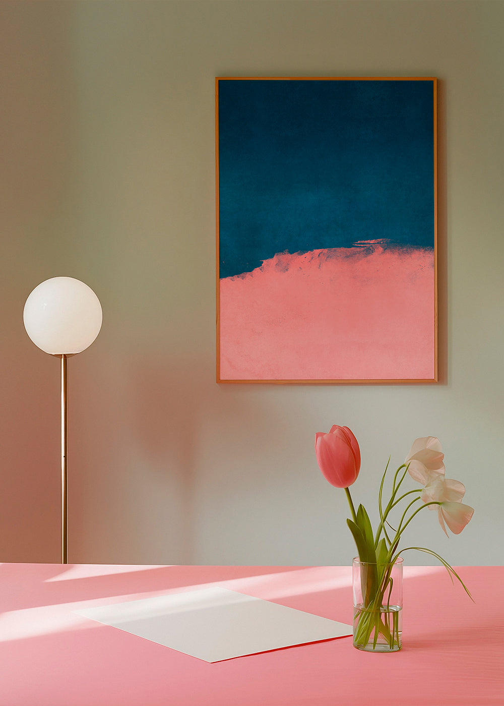 Minimalistiskt landskap i rosa och blått