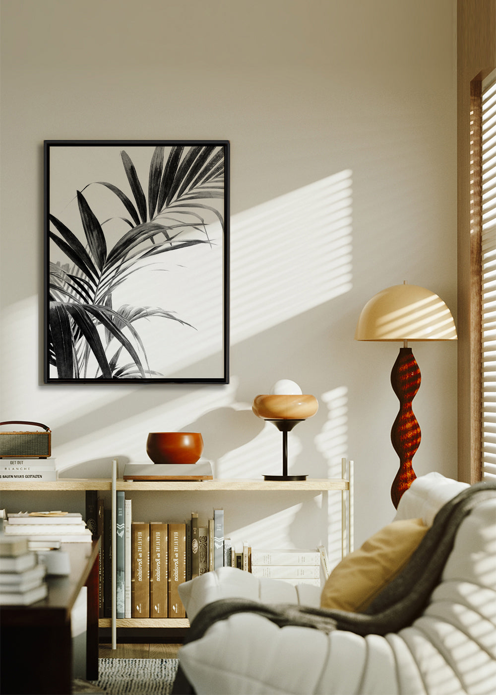 Botanisk poster: palmblad i svartvitt