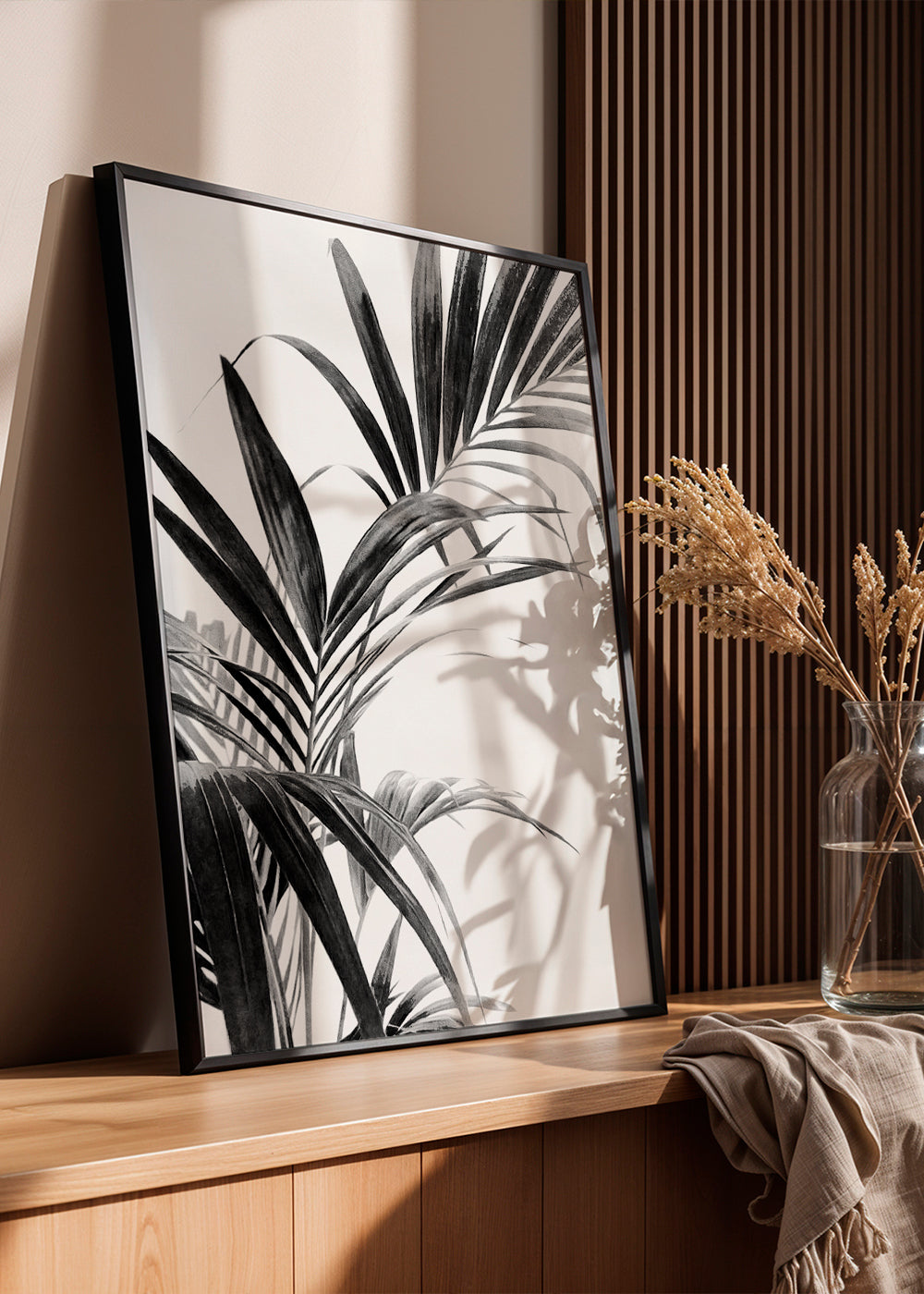 Botanisk poster: palmblad i svartvitt