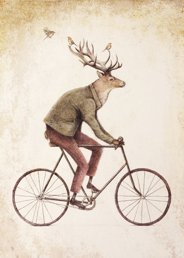 Vintage print: hjort på cykel