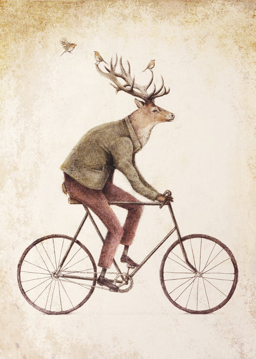 Vintage print: hjort på cykel