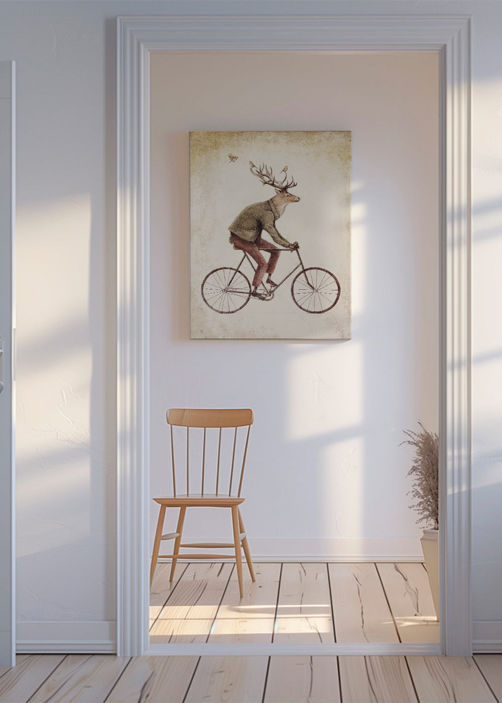Vintage print: hjort på cykel