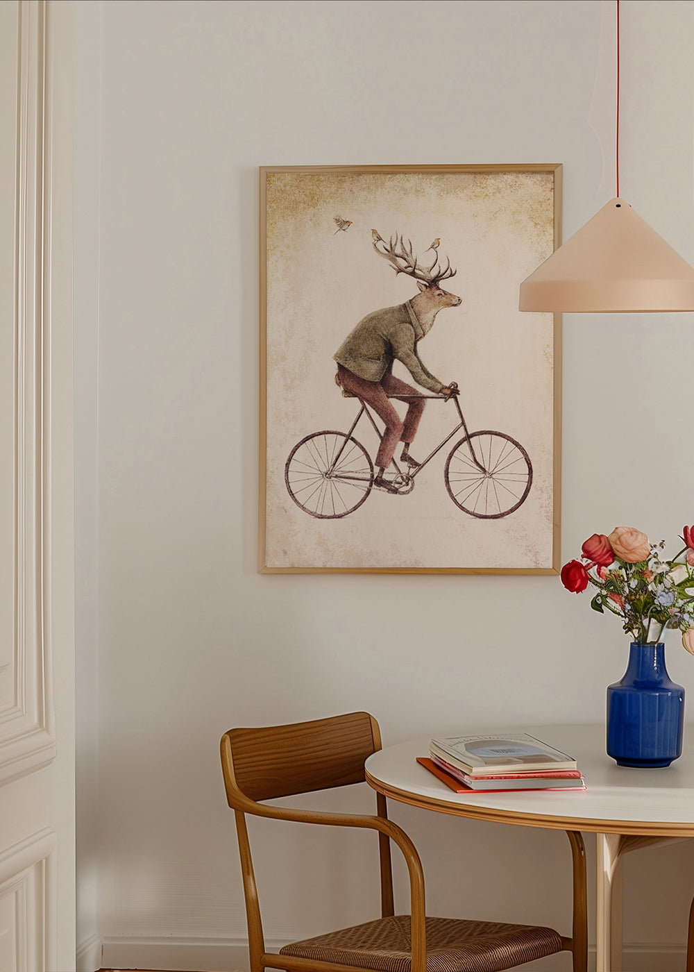 Vintage print: hjort på cykel