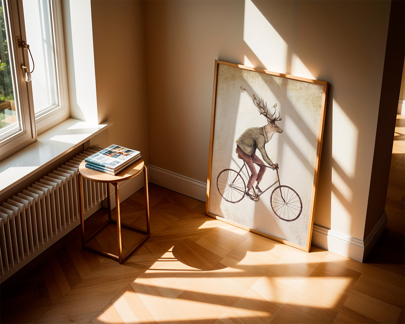 Vintage print: hjort på cykel