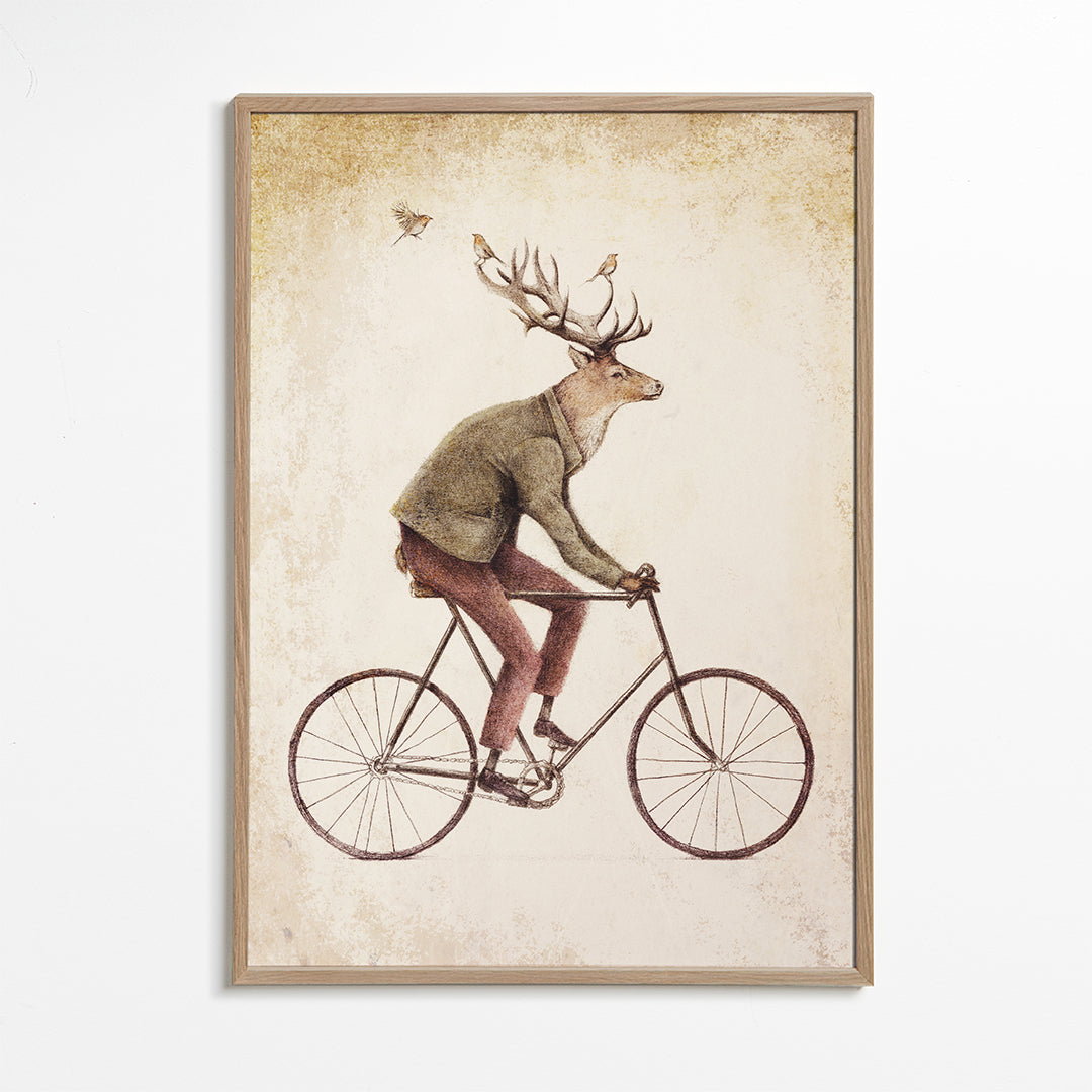 Vintage print: hjort på cykel