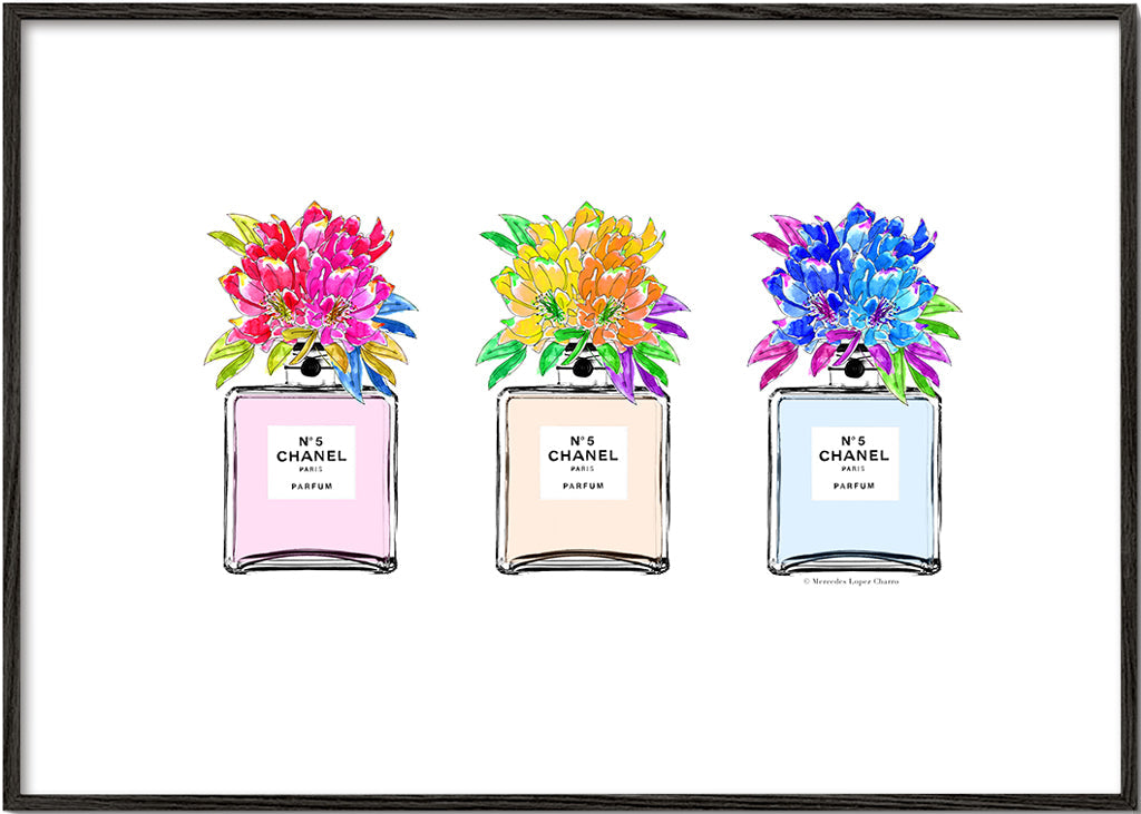 Illustration av parfymflaskor med blommor