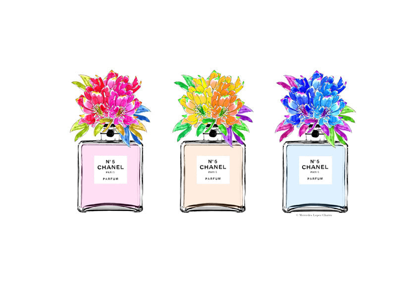 Illustration av parfymflaskor med blommor