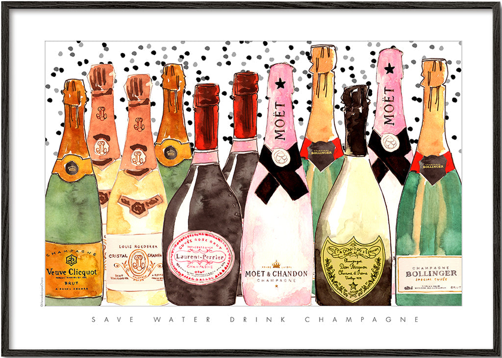 Kökskonst med illustrerade champagneflaskor