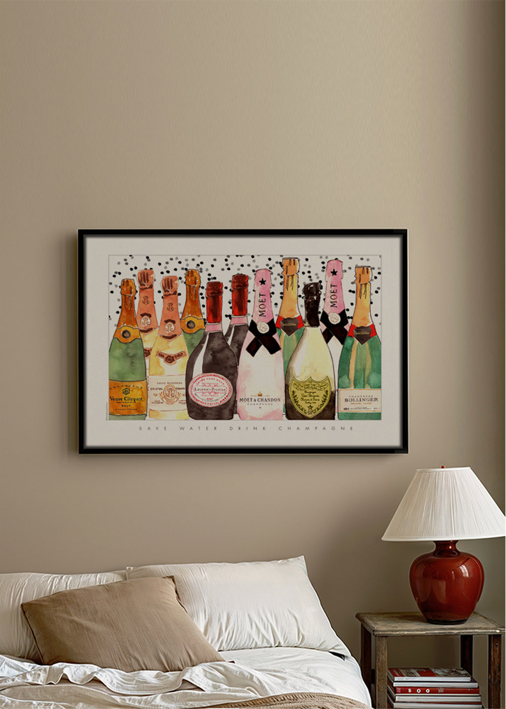 Kökskonst med illustrerade champagneflaskor