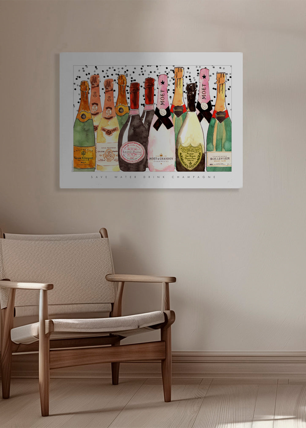 Kökskonst med illustrerade champagneflaskor