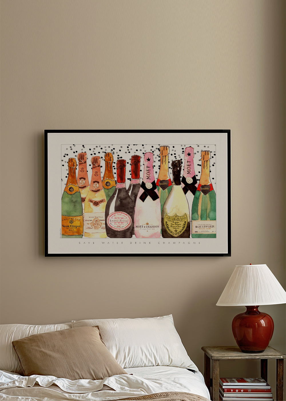 Kökskonst med illustrerade champagneflaskor