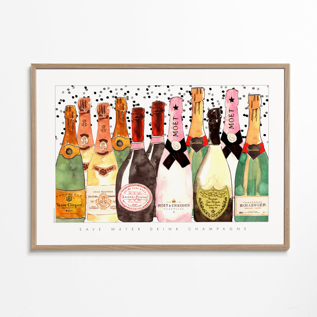 Kökskonst med illustrerade champagneflaskor