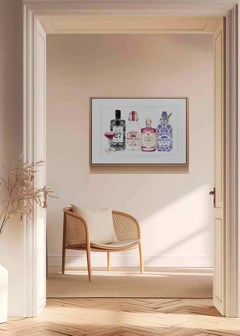 Kökskonst med illustrerade ginflaskor