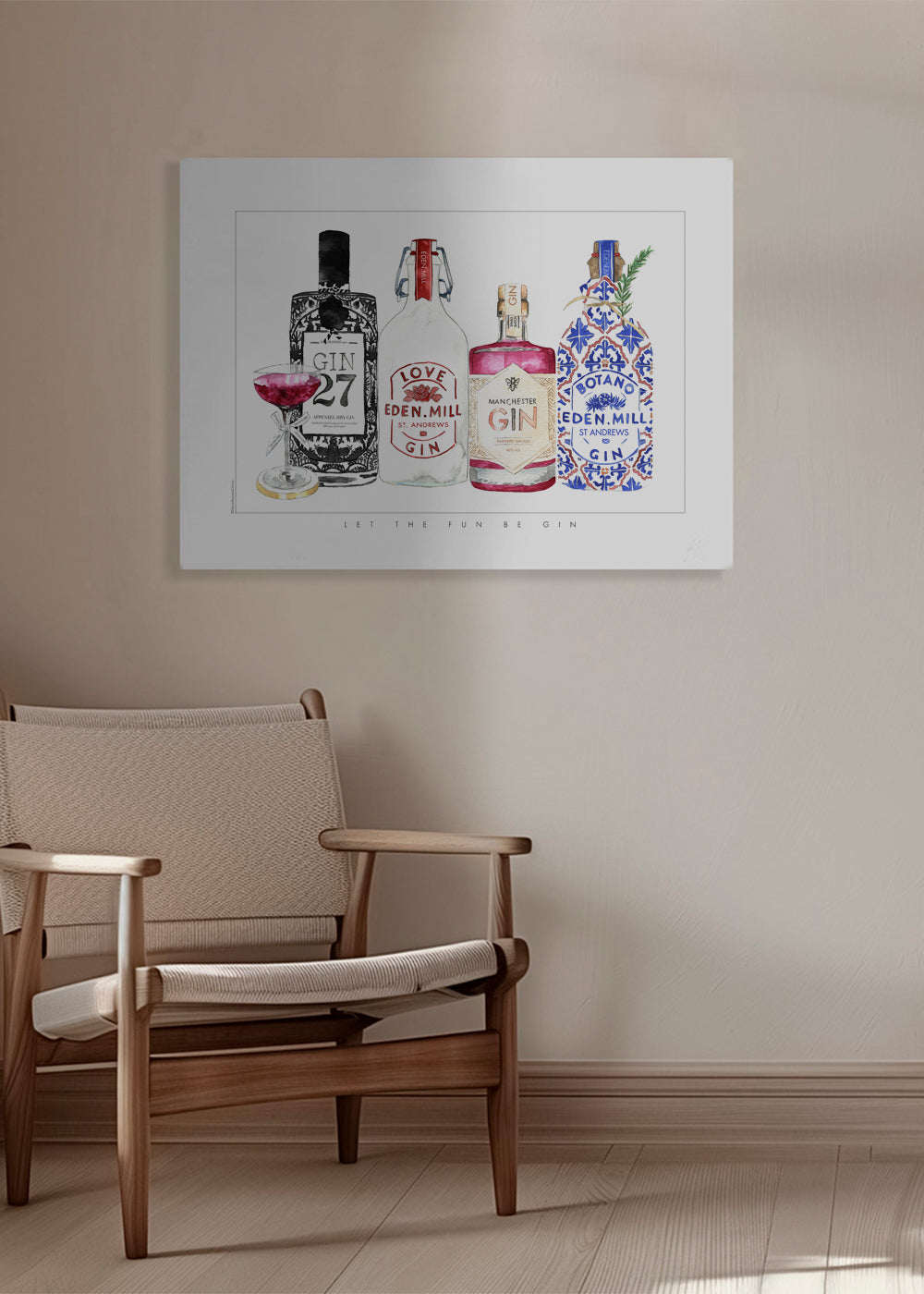 Kökskonst med illustrerade ginflaskor