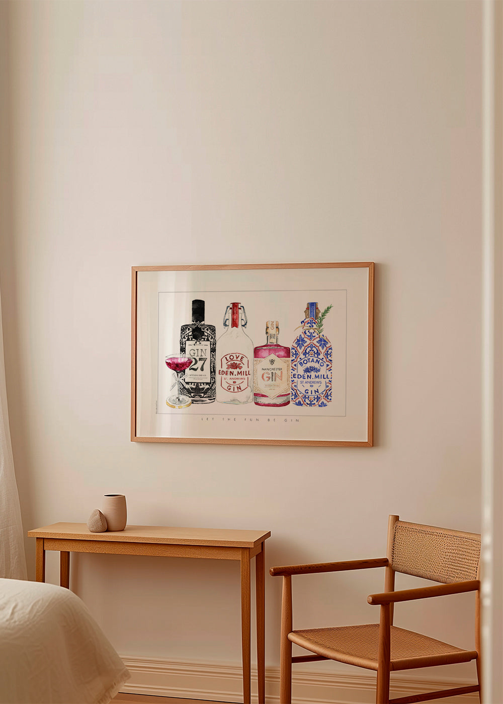 Kökskonst med illustrerade ginflaskor
