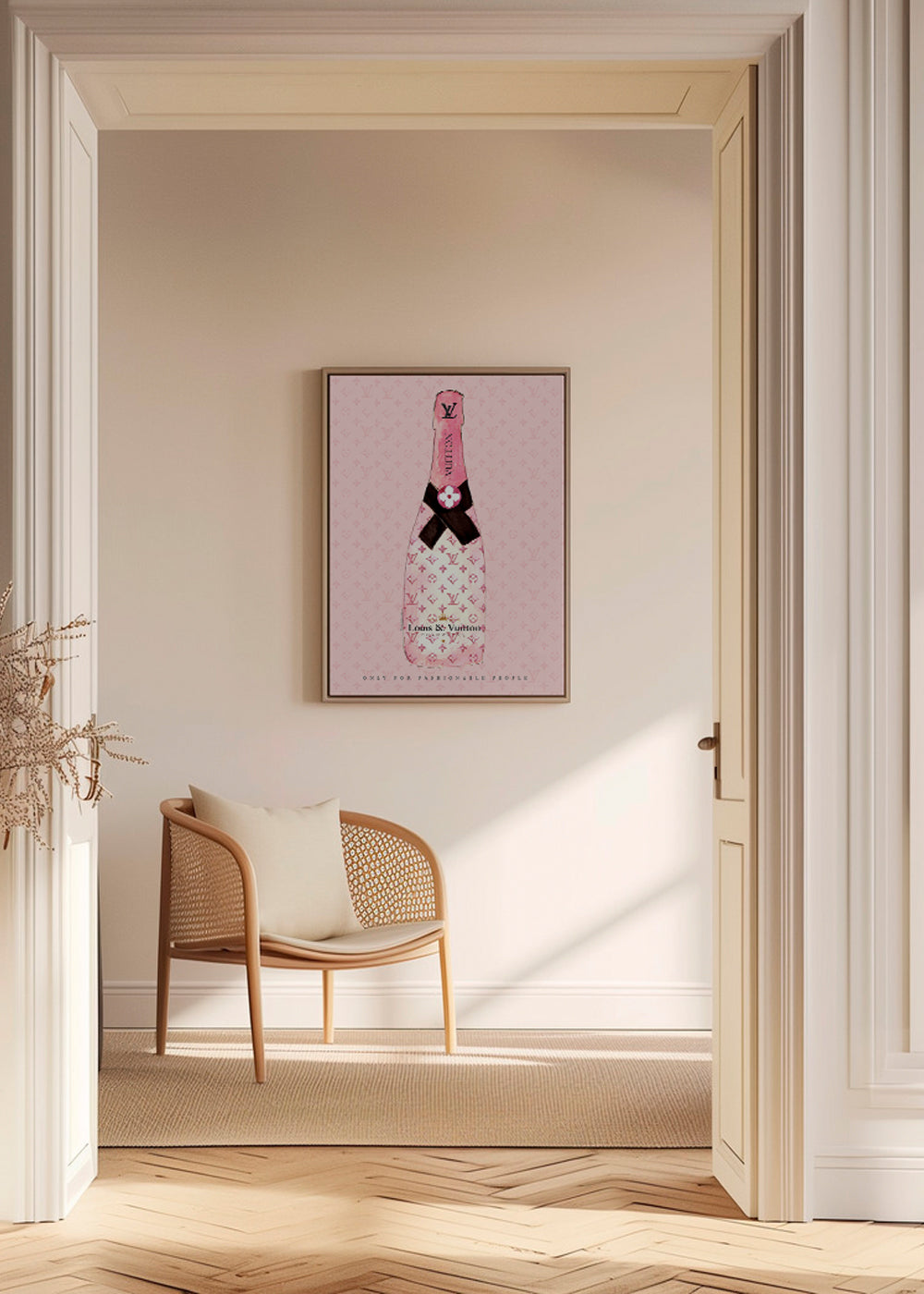 Illustration av LV-champagneflaska i rosa