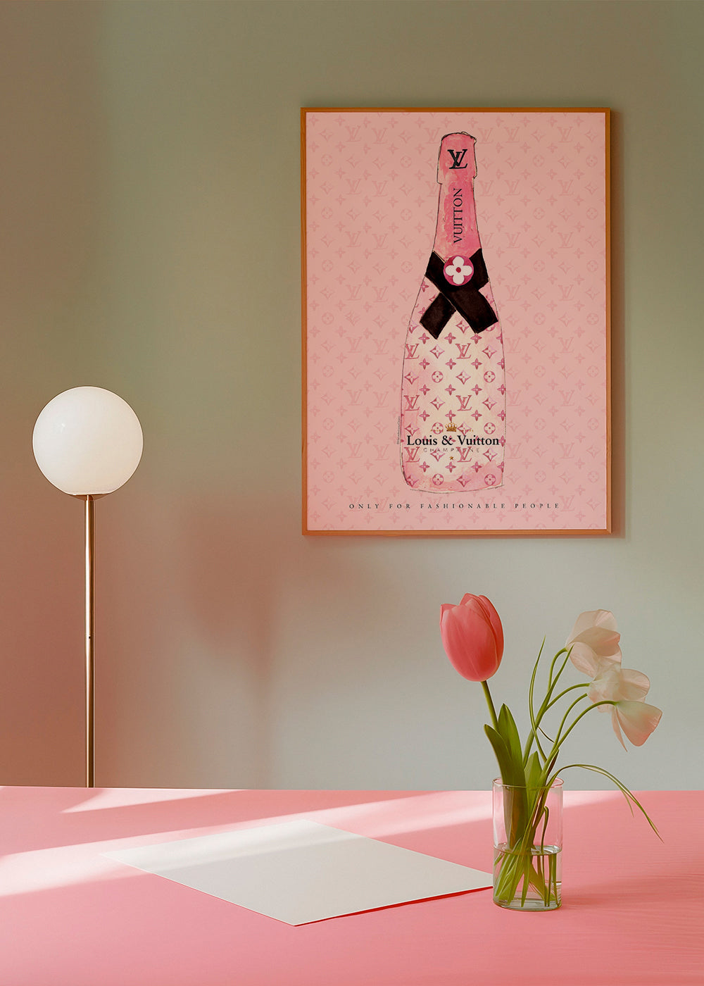 Illustration av LV-champagneflaska i rosa