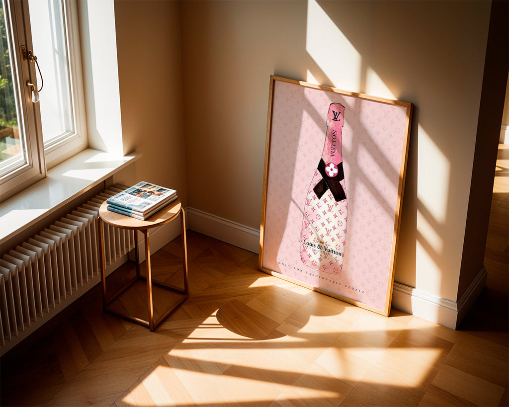 Illustration av LV-champagneflaska i rosa