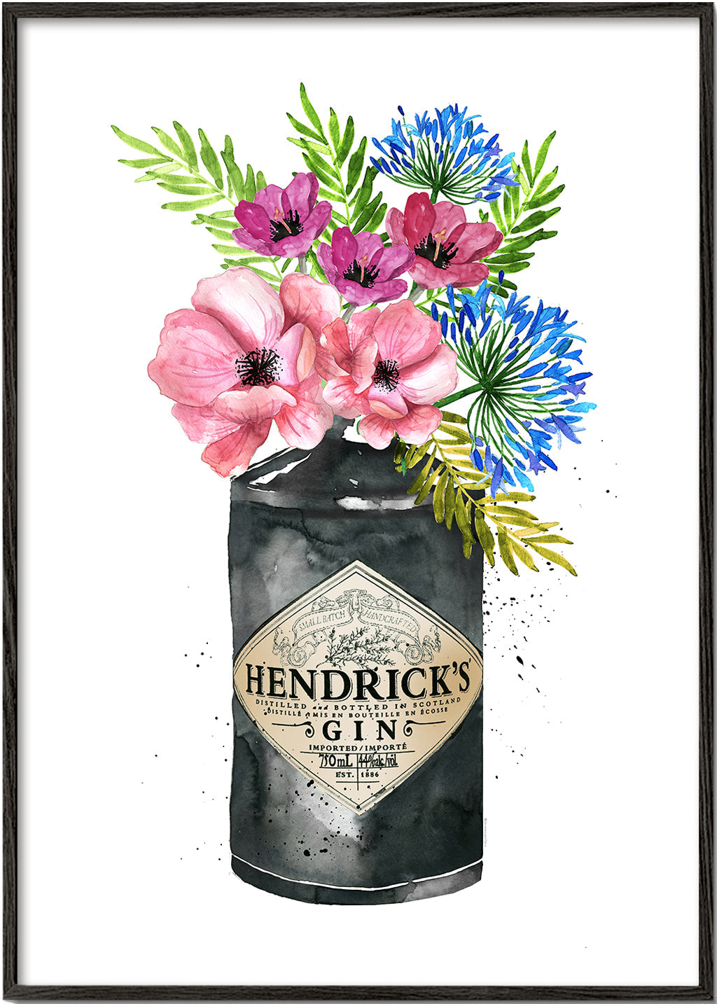 Botanisk poster med Hendrick's-flaska och blommor