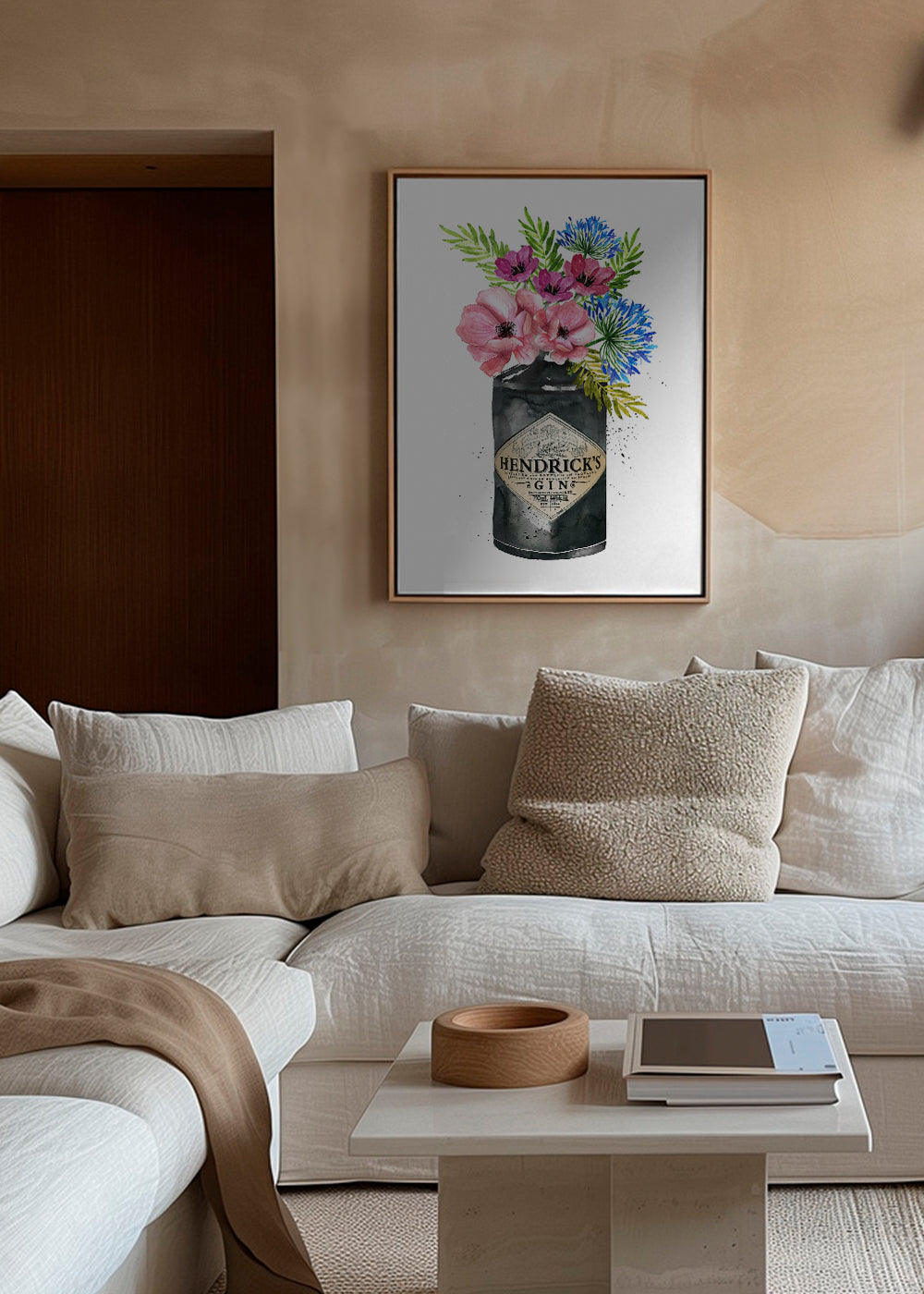 Botanisk poster med Hendrick's-flaska och blommor