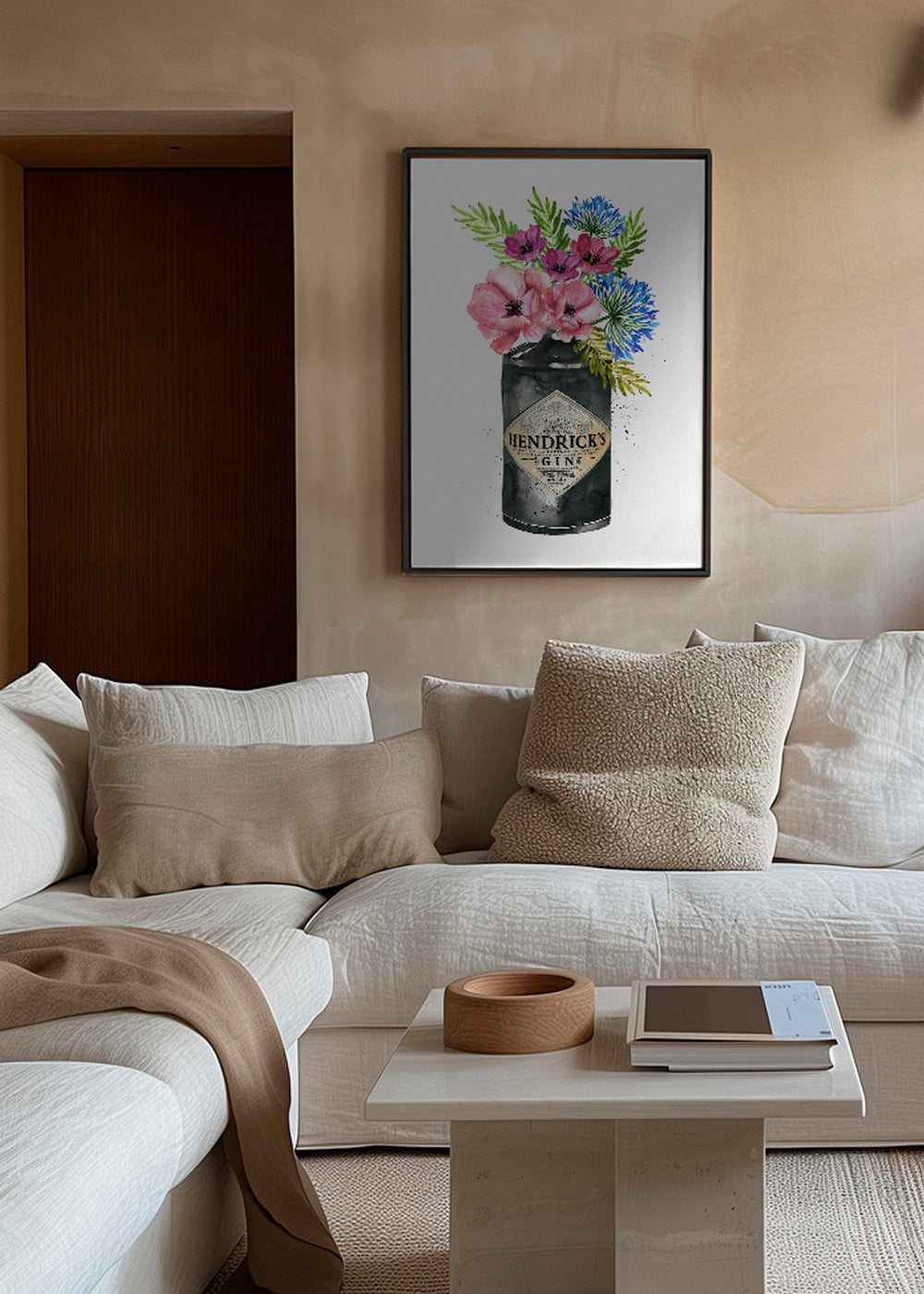 Botanisk poster med Hendrick's-flaska och blommor