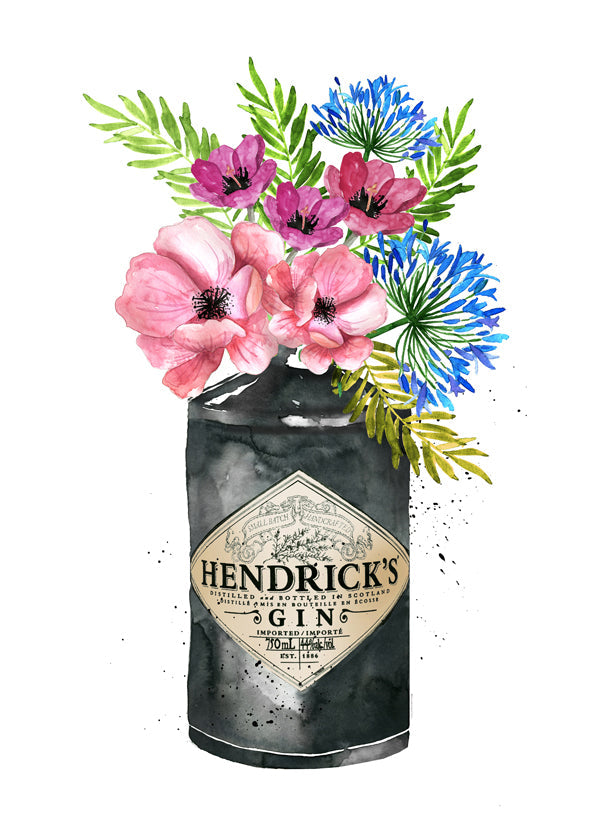 Botanisk poster med Hendrick's-flaska och blommor