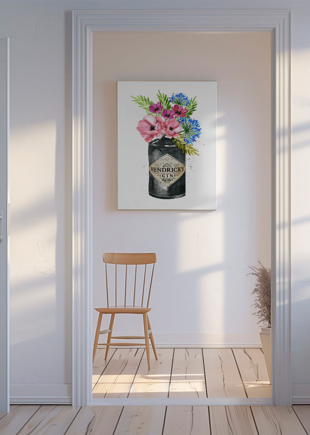 Botanisk poster med Hendrick's-flaska och blommor