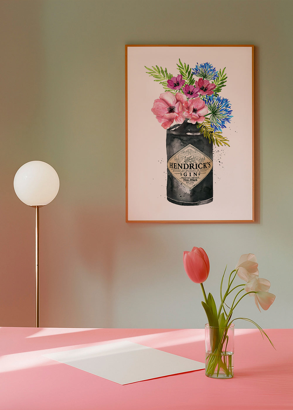 Botanisk poster med Hendrick's-flaska och blommor