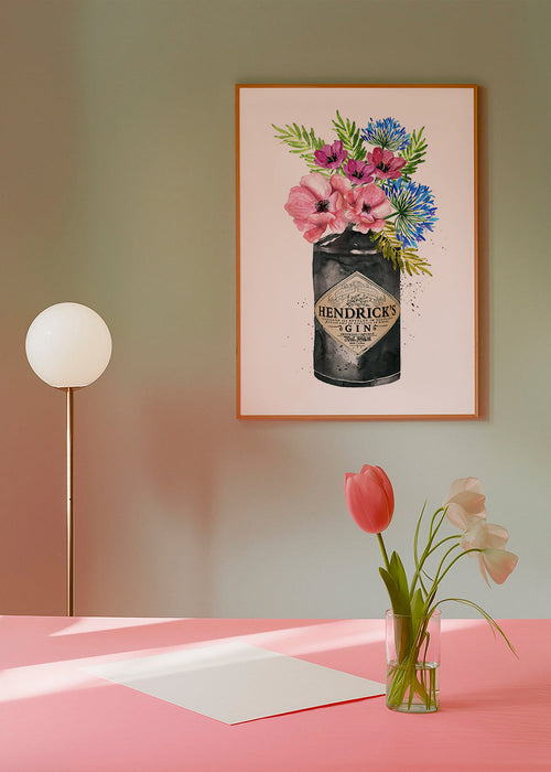 Botanisk poster med Hendrick's-flaska och blommor