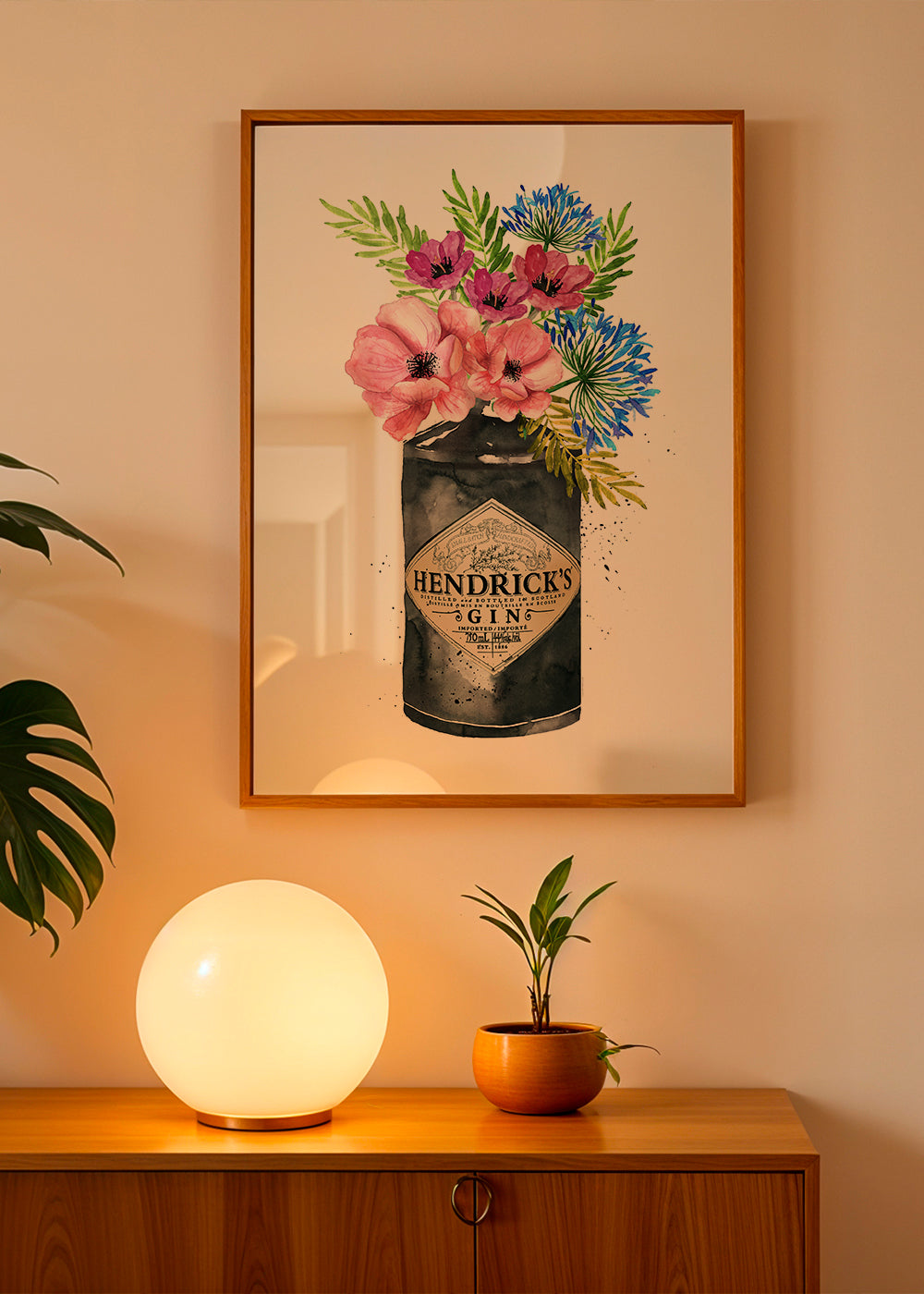 Botanisk poster med Hendrick's-flaska och blommor
