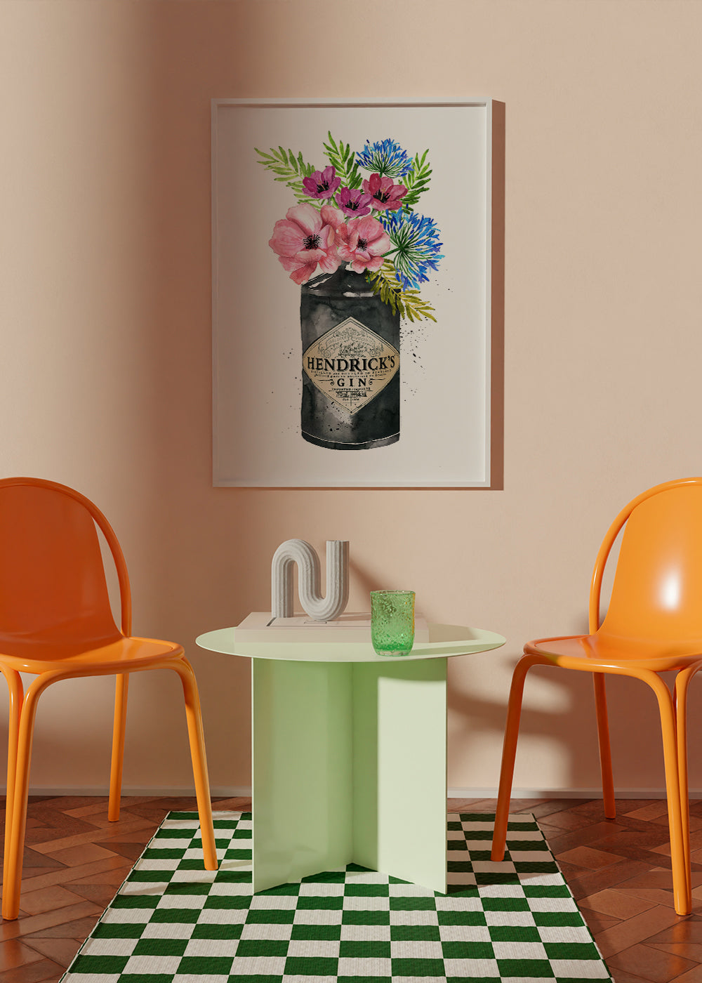 Botanisk poster med Hendrick's-flaska och blommor