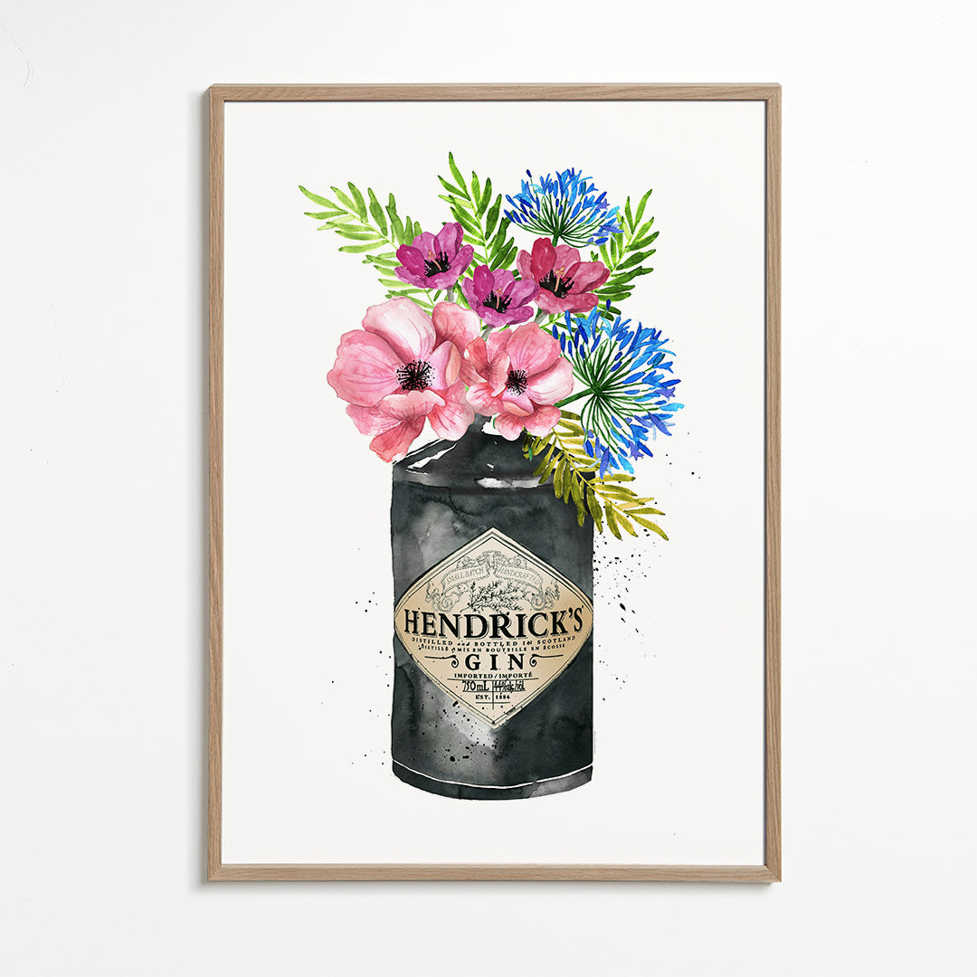 Botanisk poster med Hendrick's-flaska och blommor