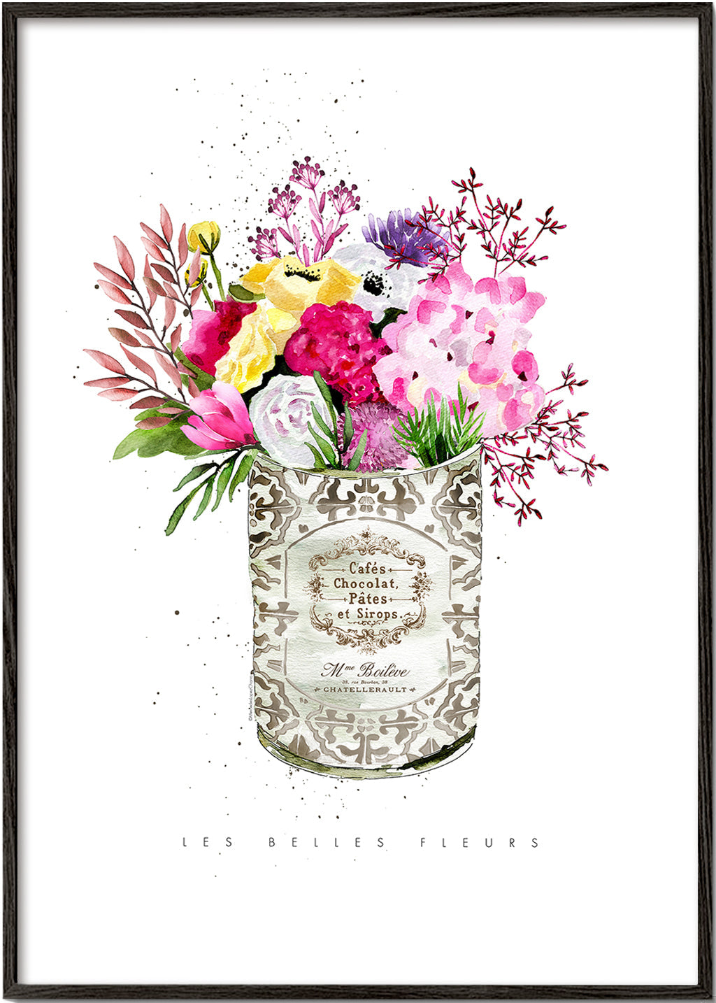 Botanisk print i vintageburk med akvarellbukett