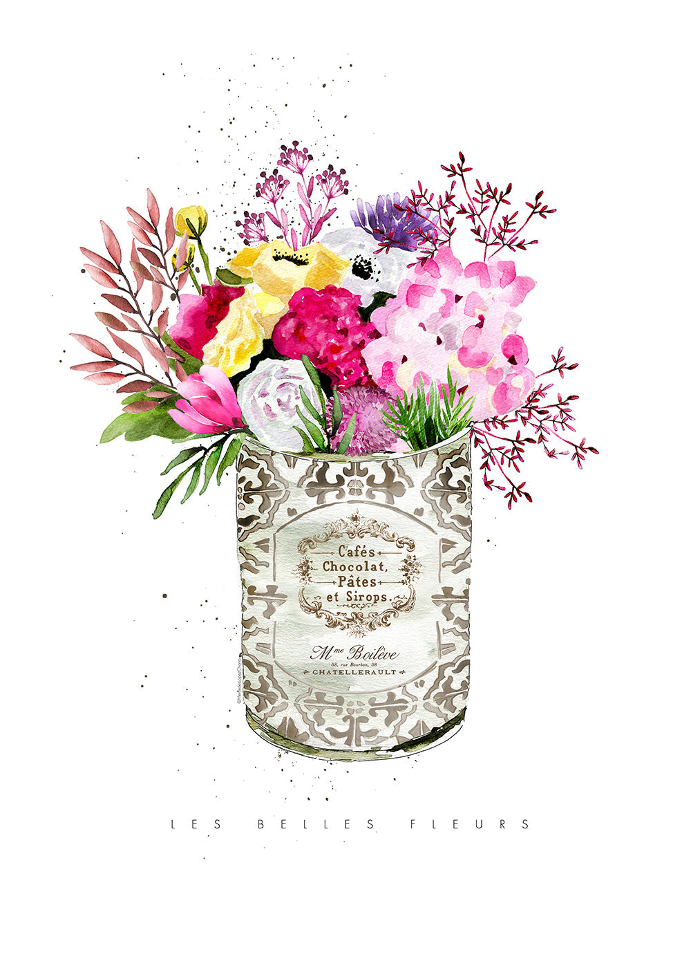Botanisk print i vintageburk med akvarellbukett